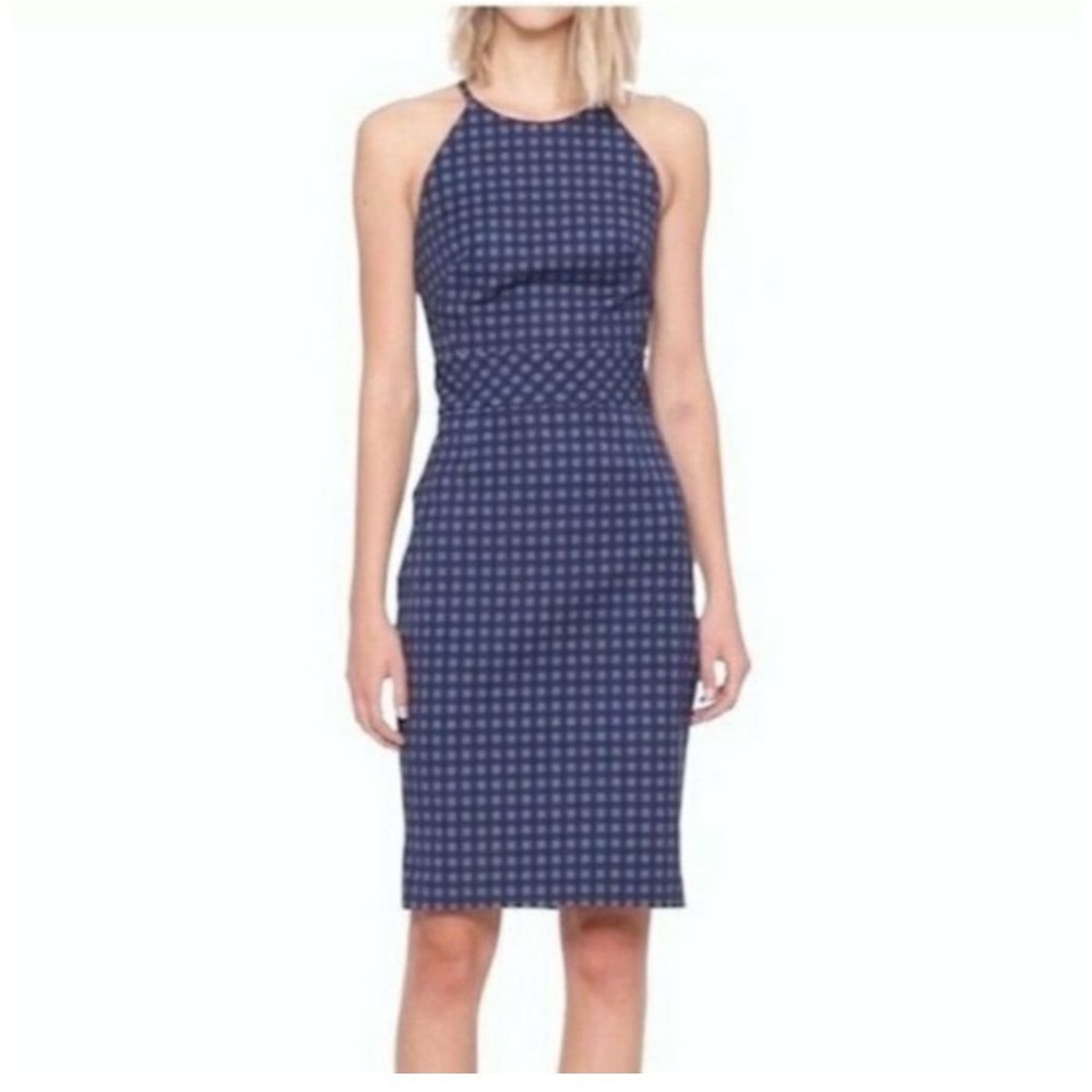 New Banana Republic Blue Gingham Dress Bi-Stretch Racer Neck Sheath Pencil 12